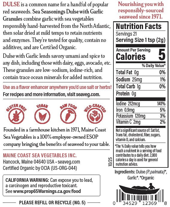 Nutrition label and product description for Maine Coast Sea Vegetables Dulse with Garlic Granules.