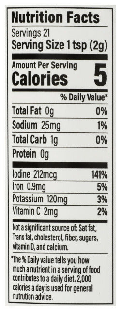 Nutrition facts label for Dulse Granules with Garlic, Sea Seasoning