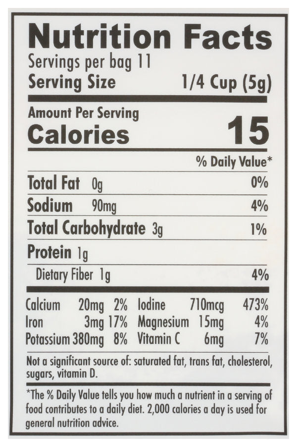 Nutrition facts label for a dulse leaf seaweed with serving size, calories, and nutritional content details.