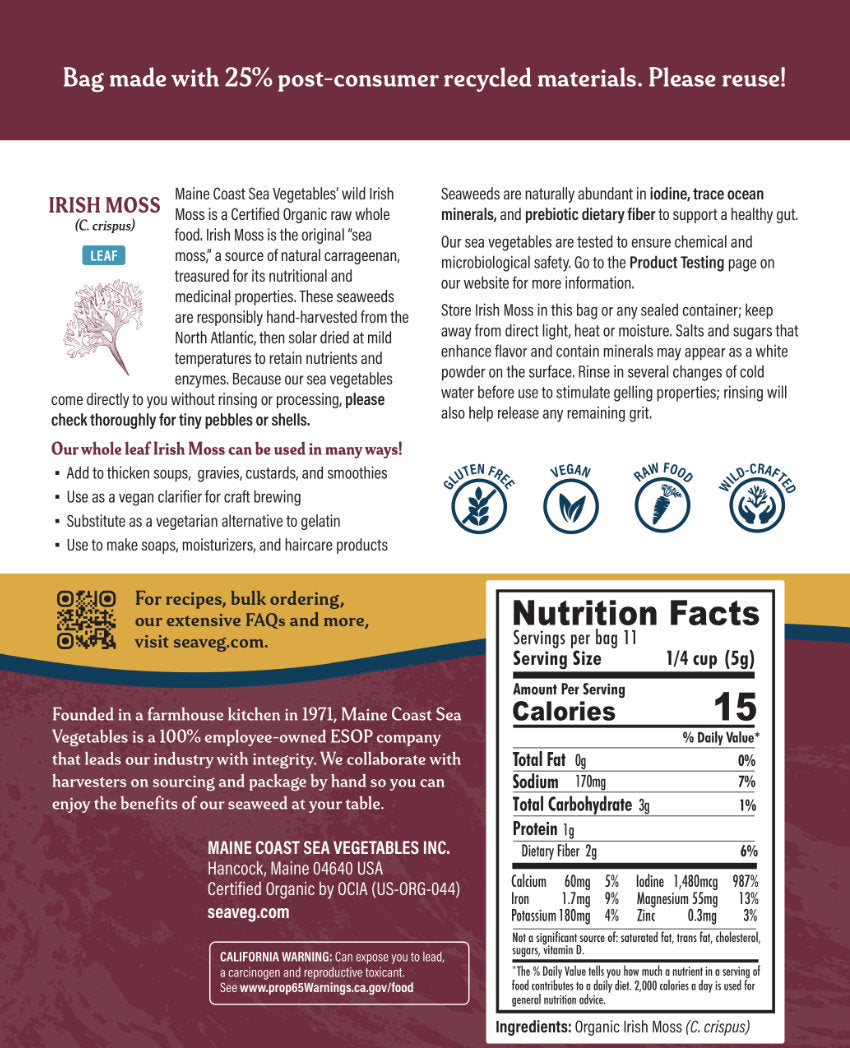 Organic Irish Moss Whole Leaf Bulk (Chondrus crispus) - "Sea Moss" - Wild-Harvested Atlantic Sea Vegetable