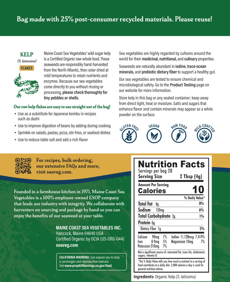 Sugar Kelp Flakes retail bag back with nutritional information