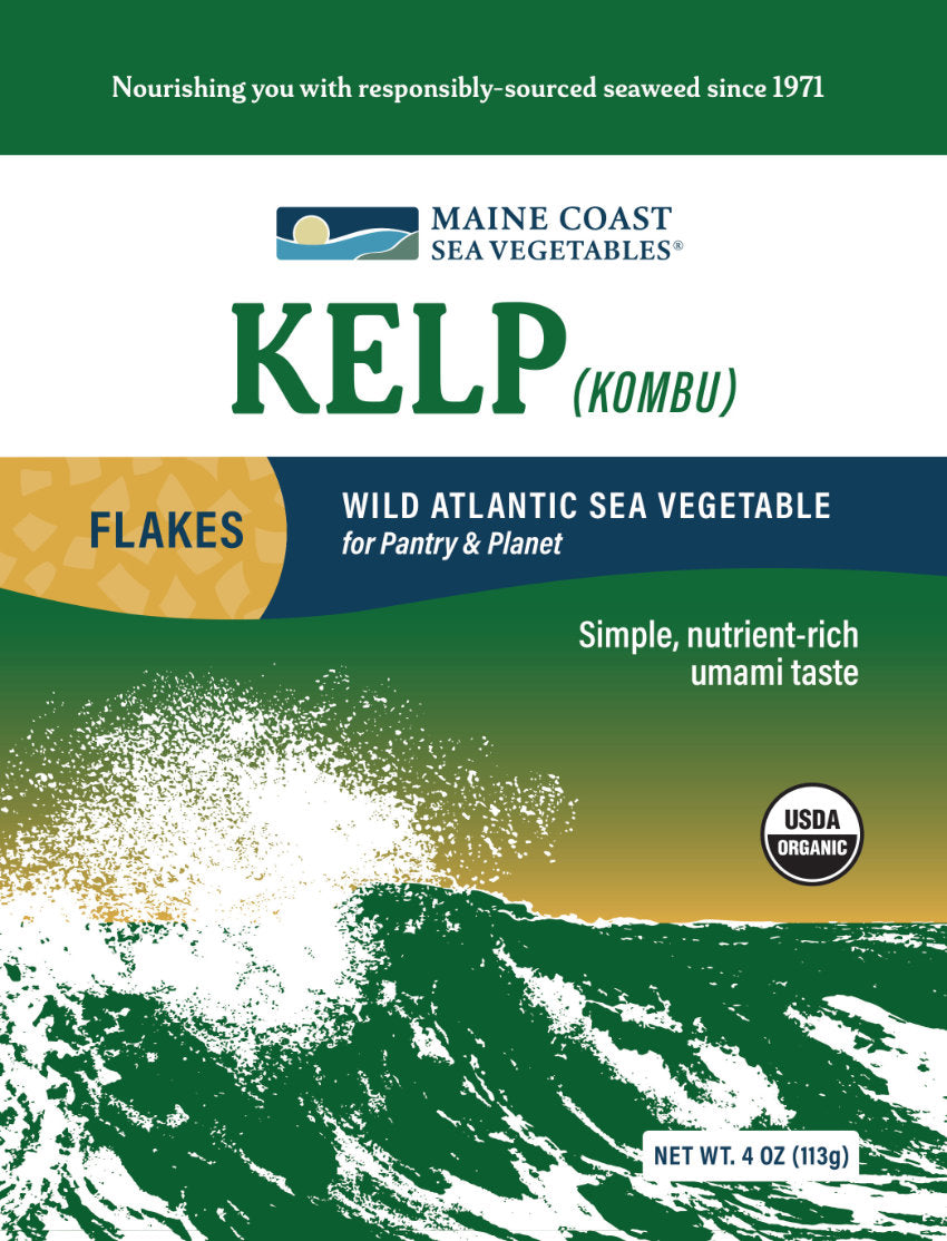 Maine Coast Sea Vegetables Kelp flakes packaging with wave design and branding.