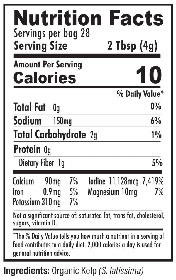 Nutrition facts label for a product with organic kelp as an ingredient.
