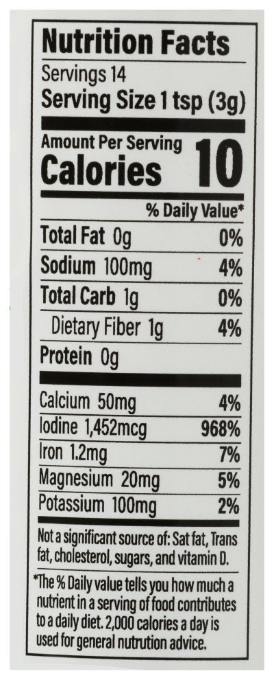 Nutrition facts label for Kelp with Cayenne Blend granules with serving size, calories, and detailed nutritional information.