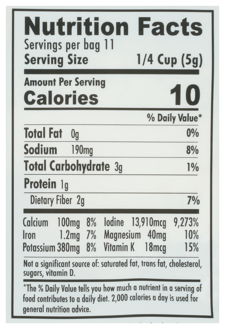 Nutrition facts label for a Sugar Kelp whole leaf with detailed calorie and nutrient information.