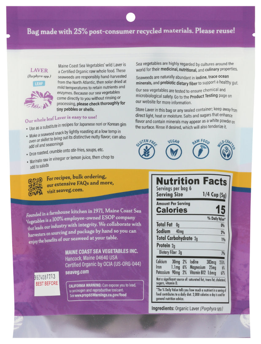 Back of Laver leaf seaweed package with nutritional information