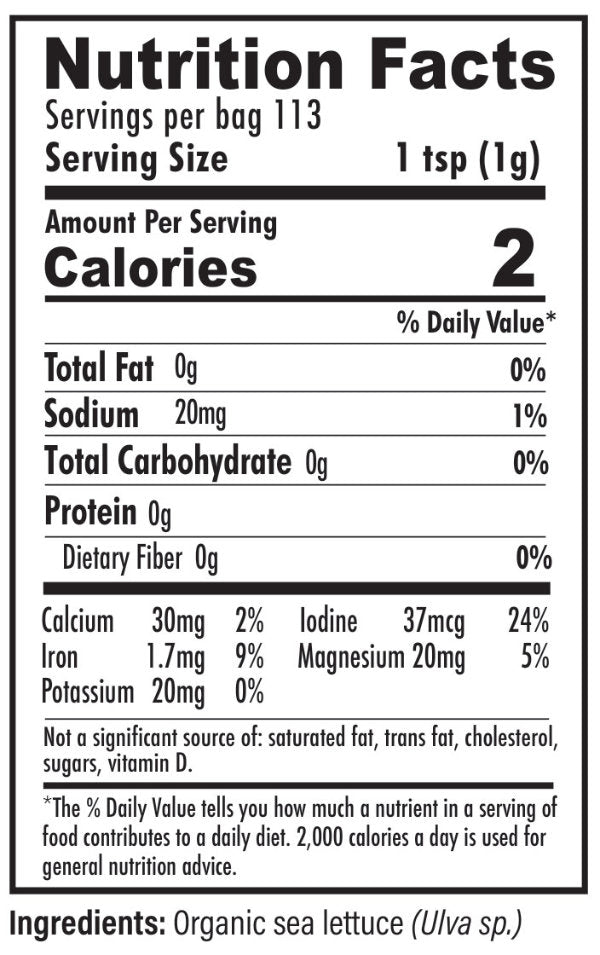 Nutrition facts label for a product with organic sea lettuce as an ingredient.
