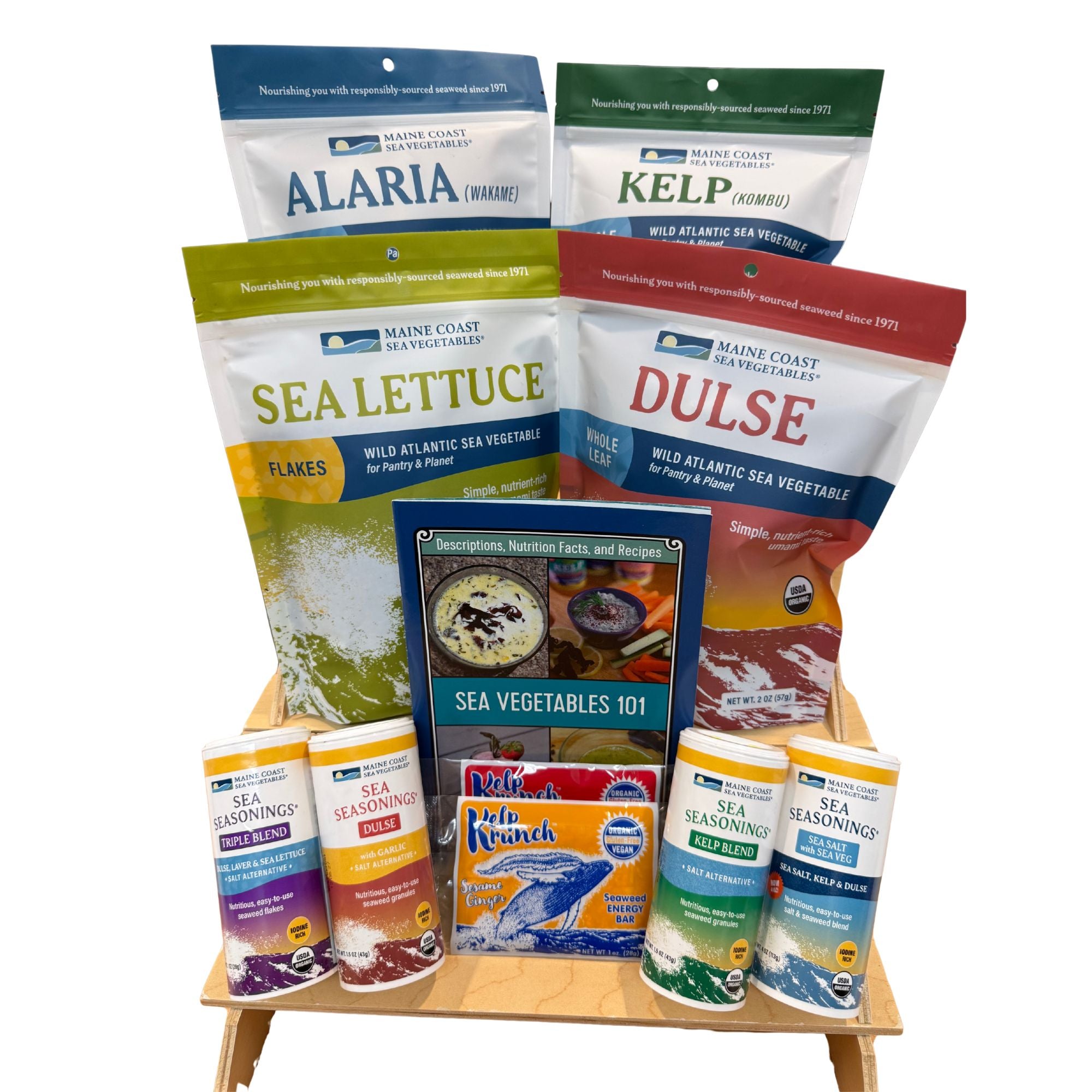 Eleven Maine Coast Sea Vegetables products including 4 retail bags, 4 Sea Seasoning shakers, 2 Kelp Krunch bars and a Sea Vegetables 101 booklet.