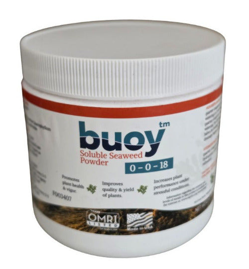 Container of buoy soluble seaweed powder on a white background