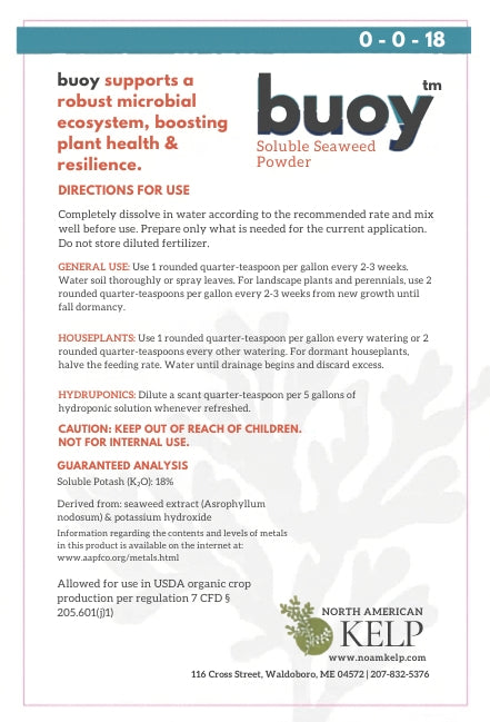 Product label for buoy soluble seaweed powder with directions for use and branding information.