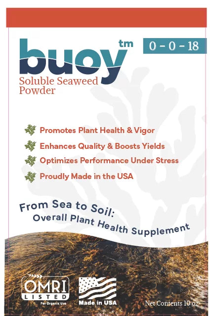 Label of buoy soluble seaweed powder with text on plant health benefits and branding details.