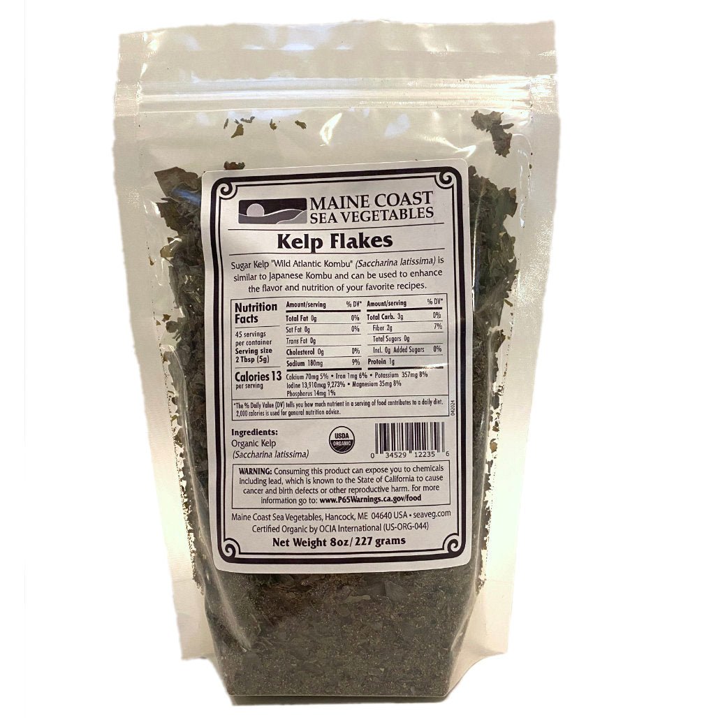 Organic Sugar Kelp Flakes Bulk (Saccharina latissima) - "Wild Atlantic Kombu" - Wild - Harvested Sea Vegetable 8 oz- Maine Coast Sea Vegetables