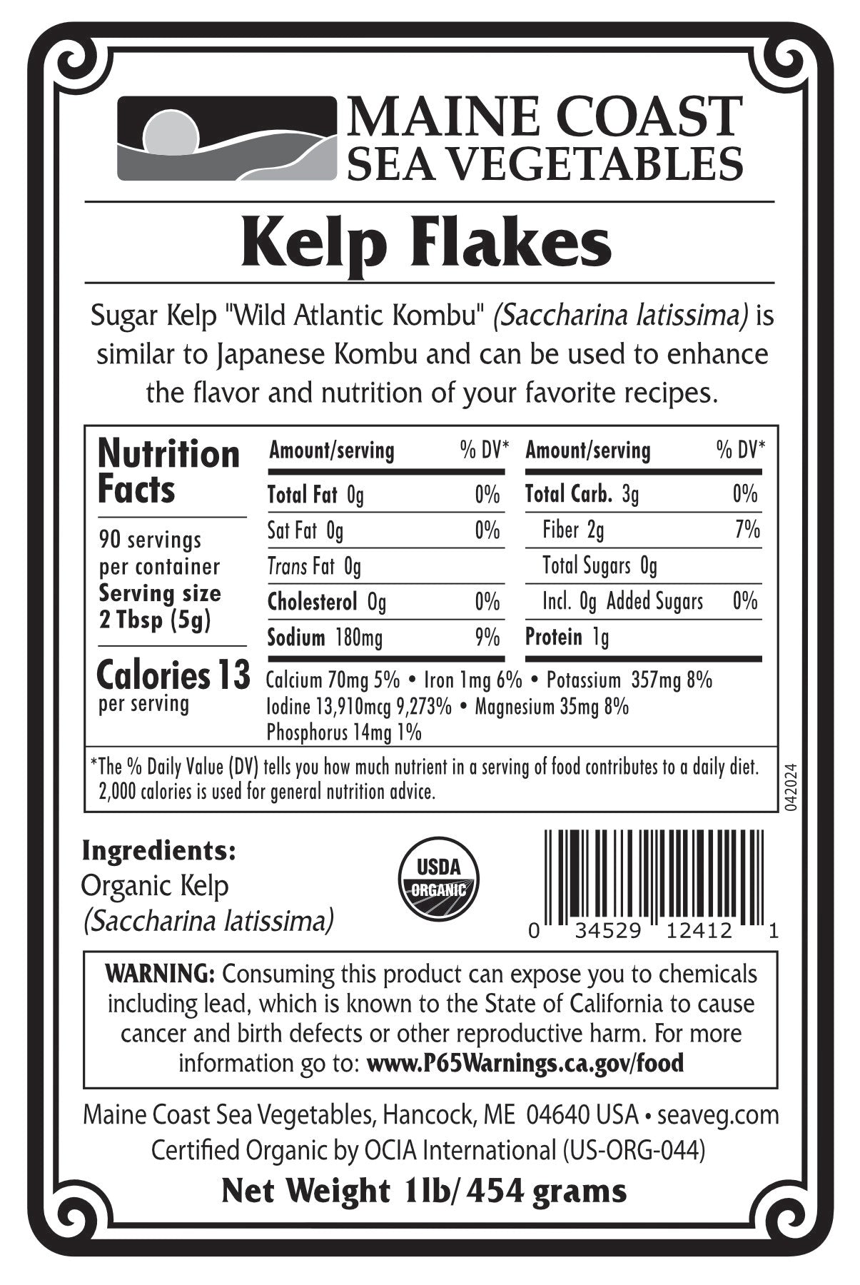 Organic Sugar Kelp Flakes 1 lb bag label with nutrition infromation