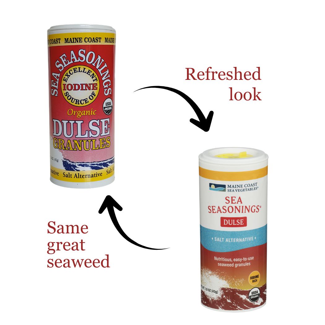 shows old and new labels for Sea Seasoning Dulse Granules in the shakers