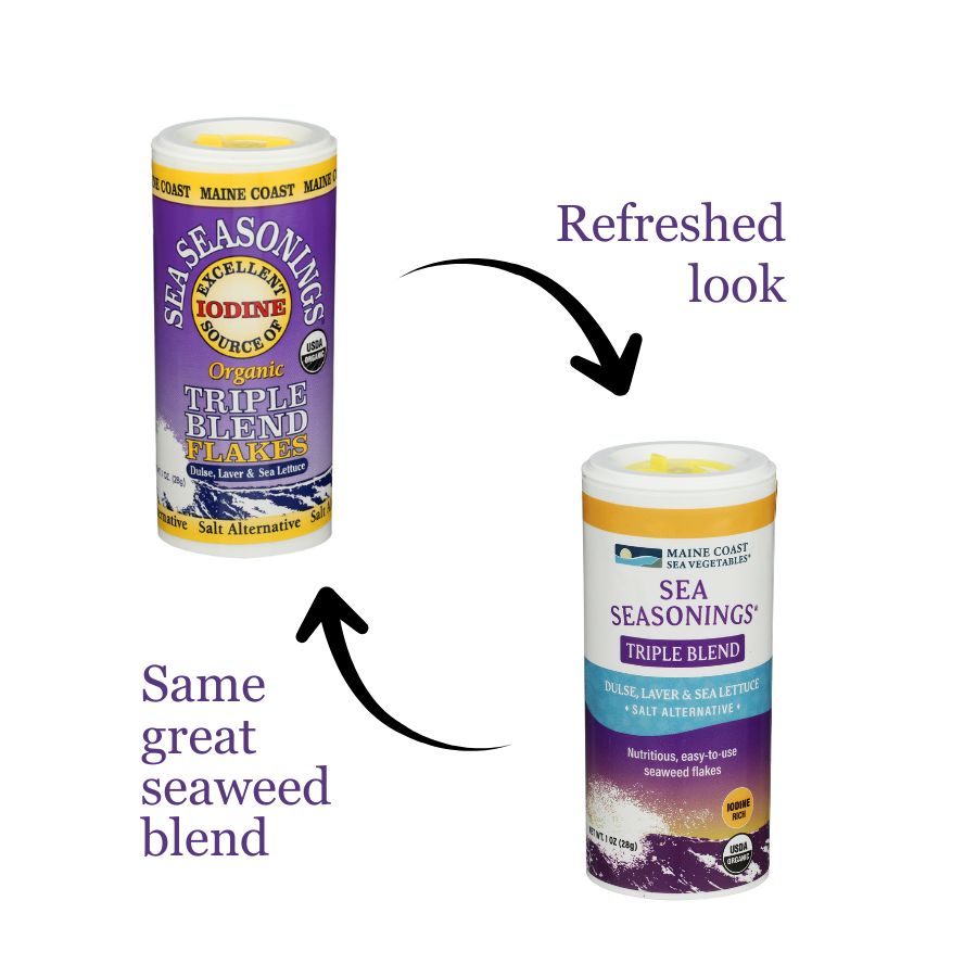 Two containers of Sea Seasonings Triple Blend Flakes with text indicating a refreshed look.
