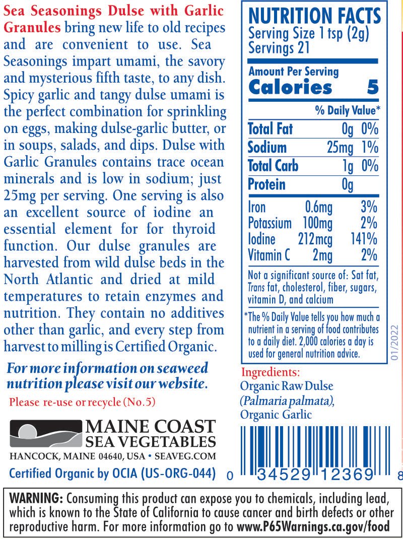 Organic Dulse Granules with Garlic 1.5 oz Shaker - Sea Seasoning - Maine Coast Sea Vegetables