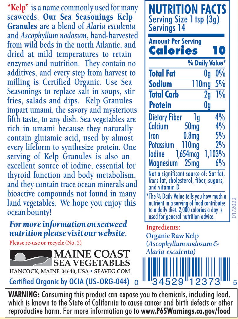 Organic Kelp Granules Blend 1.5 oz Shaker - Premium Blend of Wild-Harvested Kelps - Sea Seasoning - Maine Coast Sea Vegetables