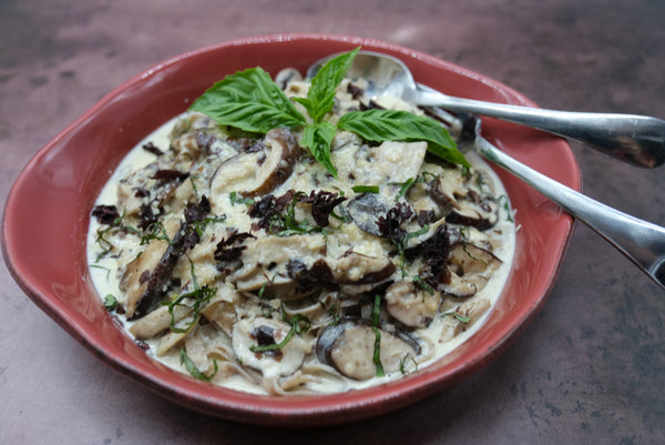 a shallow red bowl filled with pasta and sliced mushrooms swimming in white alfredo sauce and topped with red dulse seaweed and chopped basil. a whole basil top with several leaves, a spoon, and a fork  in the right side of the dish