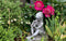 photo of sculpure of child with fairy surrounded by garden flowers