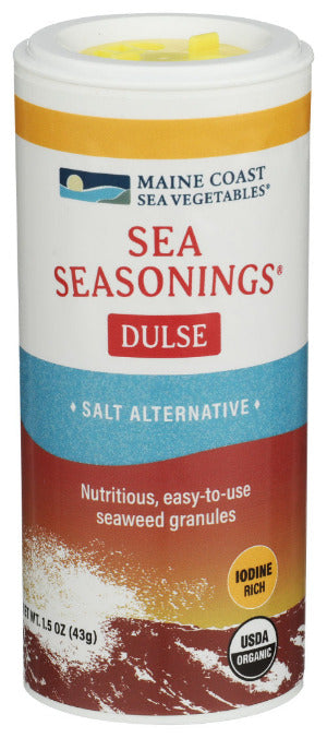 Canister of Maine Coast Sea Vegetables Sea Seasonings Dulse on a white background
