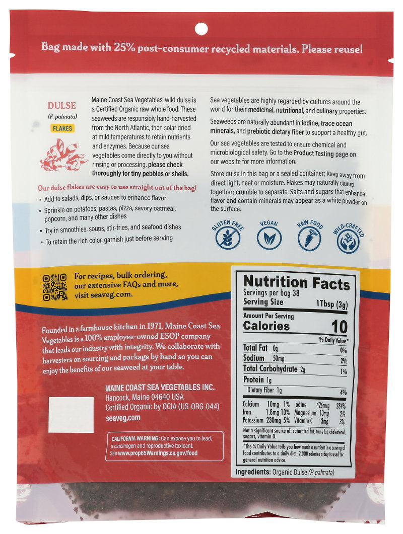 Back of a Dulse Flakes seaweed package with nutritional information and branding details.