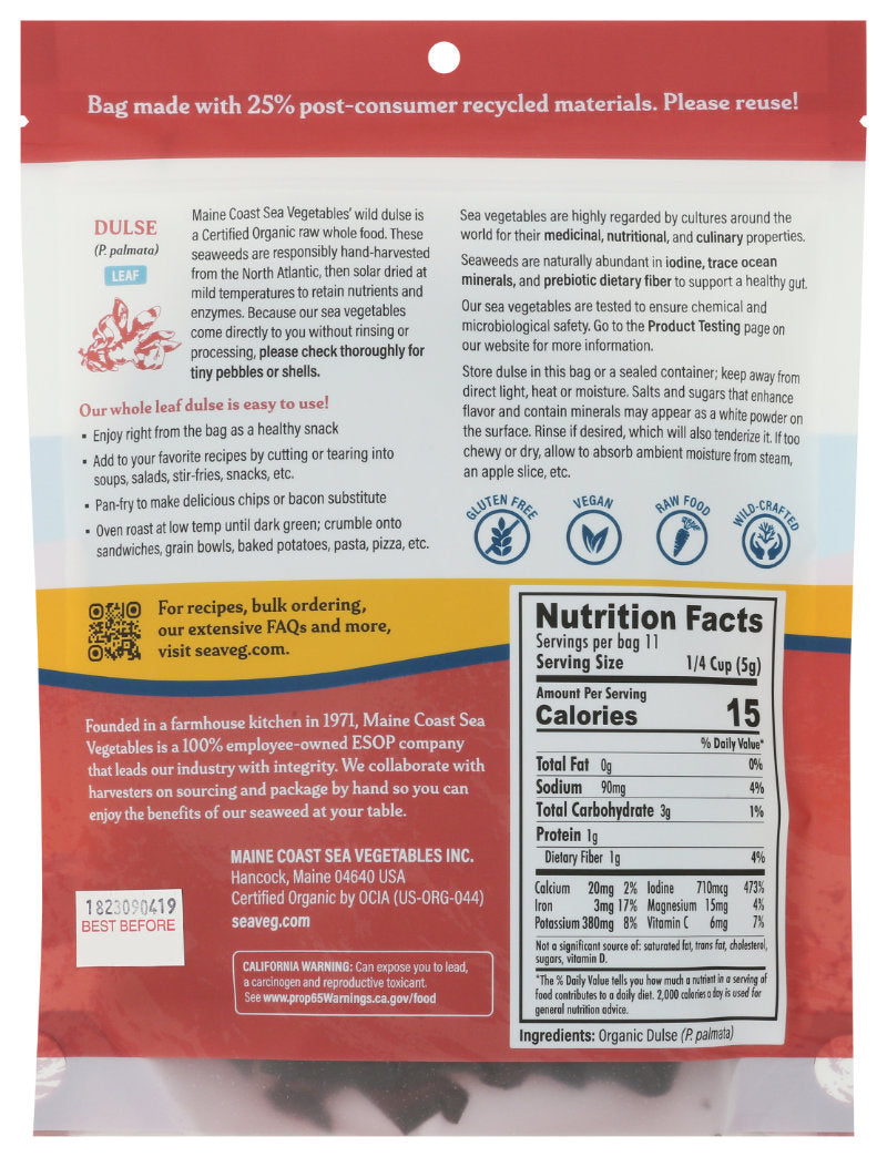 Back of dulse leaf sea vegetable package with nutritional information and branding details.
