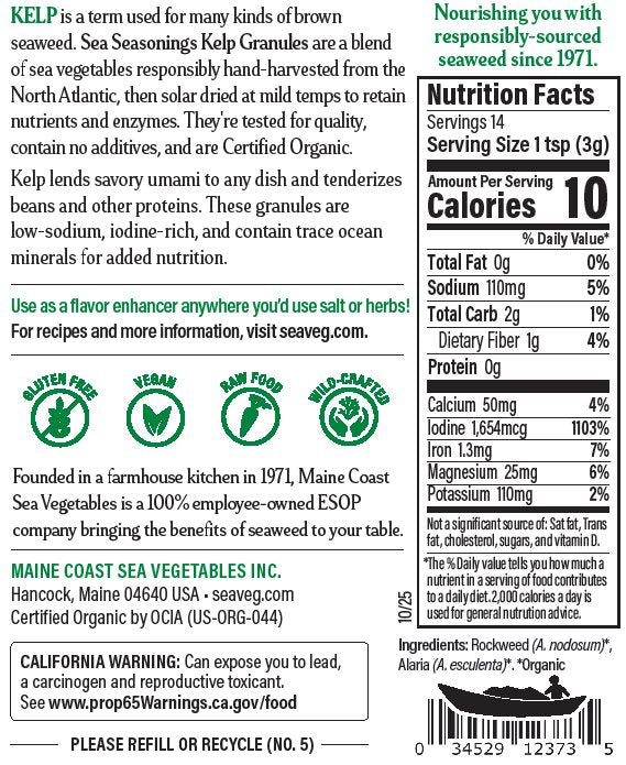 Nutrition label and product information for Maine Coast Sea Vegetables Kelp Blend Granules.