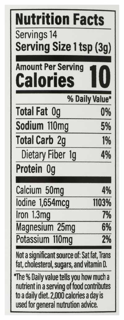 Nutrition facts label for Kelp Blend Granules with serving size, calories, and detailed nutritional information.