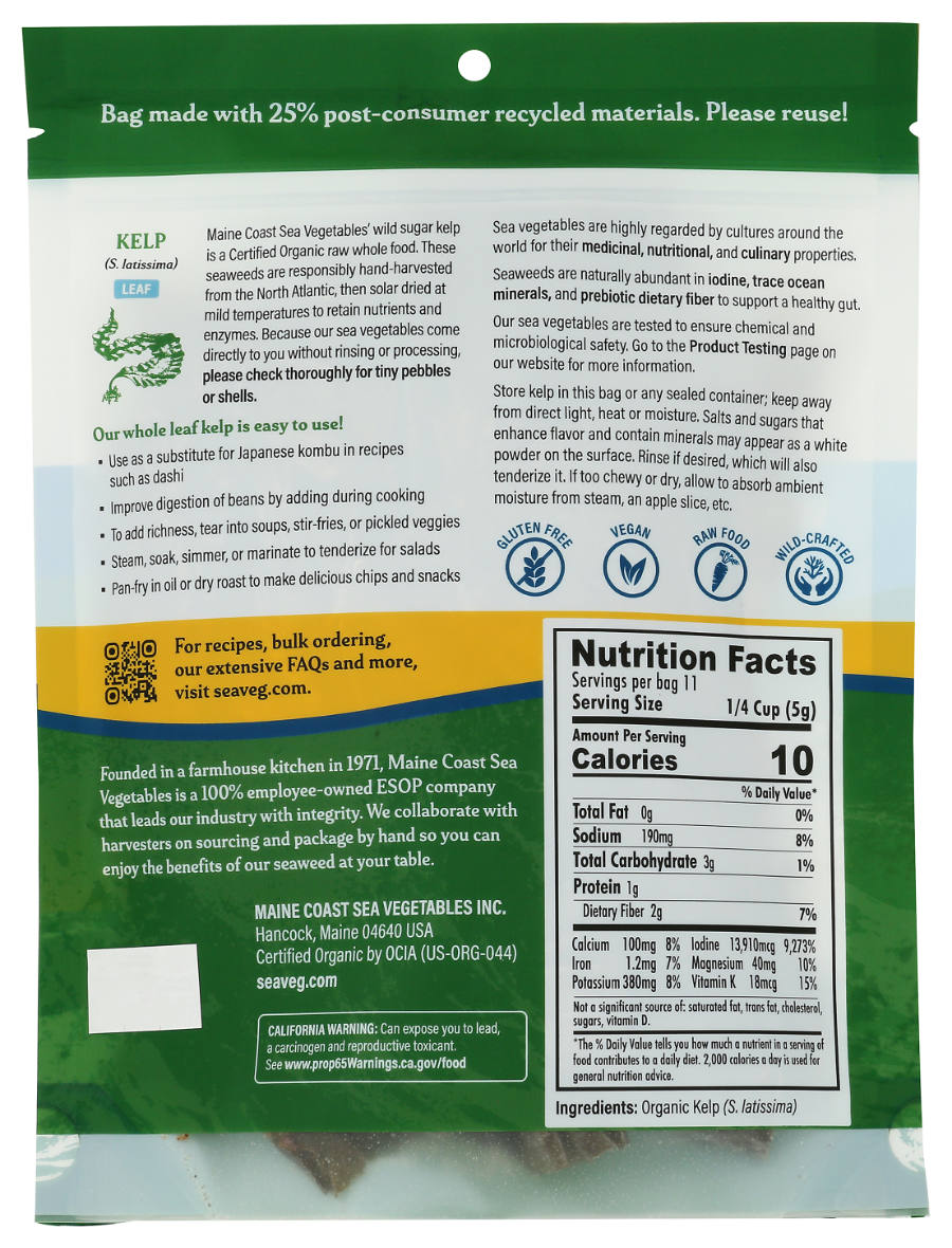 Sugar Kelp whole leaf back of package with nutritional information and recycling details on a white background