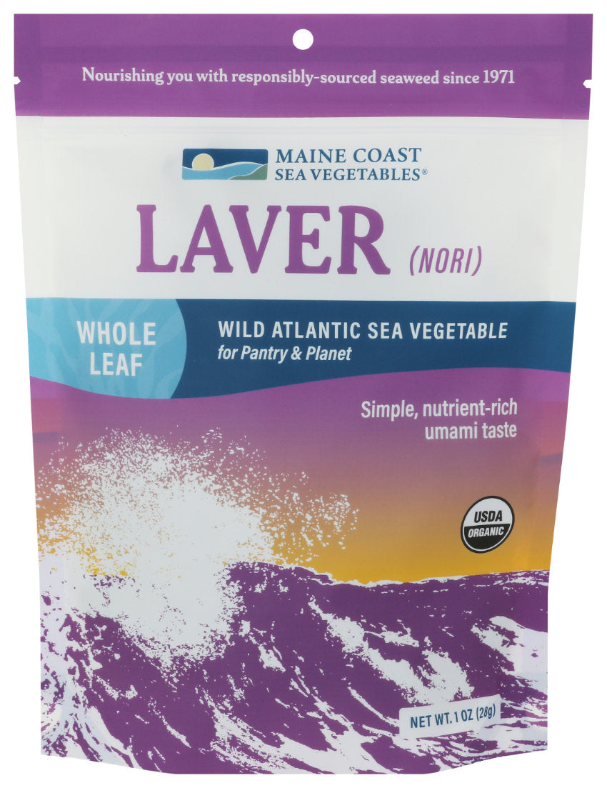Maine Coast Sea Vegetables Laver (Nori) package with purple and blue design.