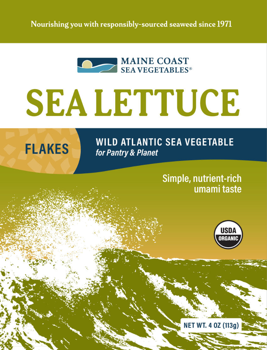 Maine Coast Sea Vegetables Sea Lettuce Flakes packaging with branding and product details.