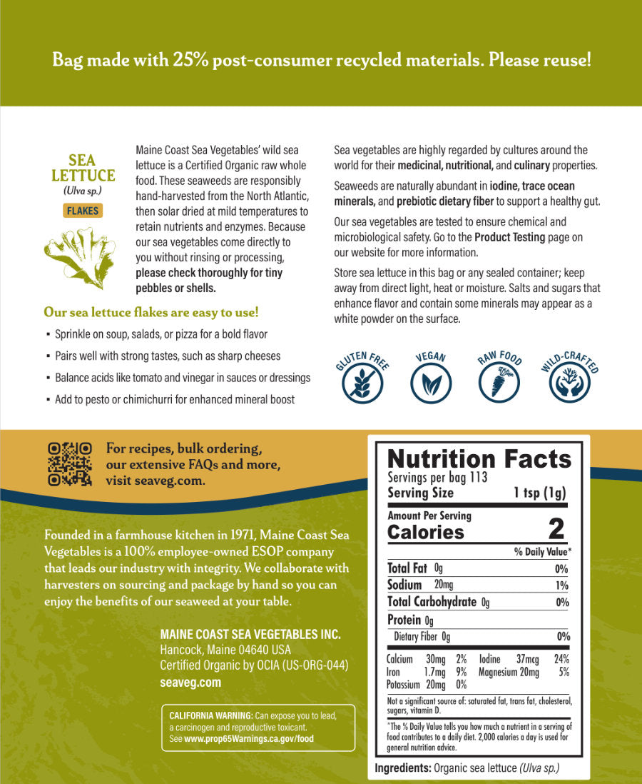 Nutrition label and product information for sea lettuce with branding and certification logos.