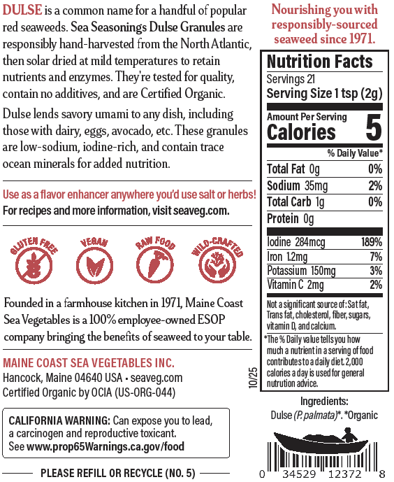 Dulse Granules shaker label back with nutritional information