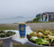 Sea Salt Shaker with two plates of food and shoreline in background