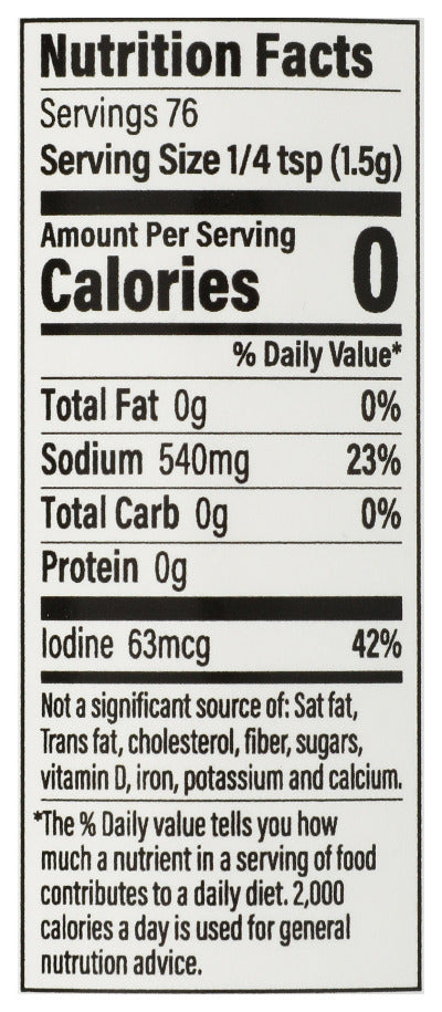 Nutrition facts label with serving size, calories, and nutrient information for Sea Salt with Sea Veg shaker.