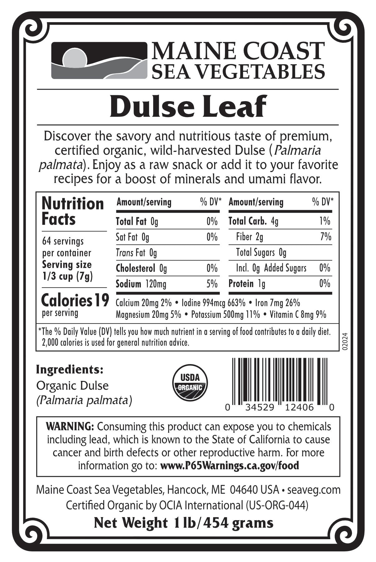 Organic Dulse Whole Leaf Bulk (Palmaria palmata) - Wild - Harvested Atlantic Sea Vegetable 1 LB - Maine Coast Sea Vegetables