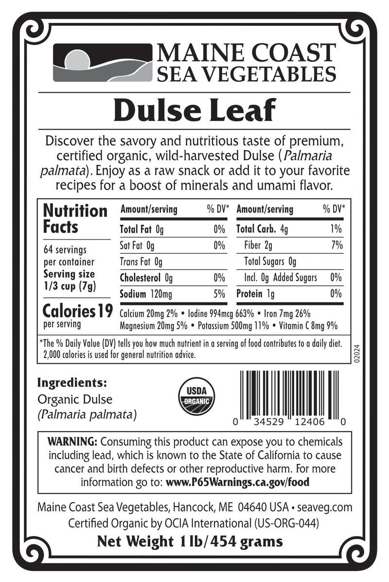 Organic Dulse Whole Leaf Bulk (Palmaria palmata) - Wild - Harvested Atlantic Sea Vegetable 1 LB - Maine Coast Sea Vegetables