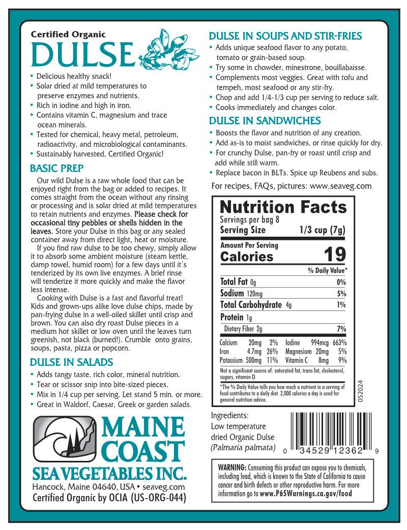 Organic Dulse Whole Leaf Bulk (Palmaria palmata) - Wild - Harvested Atlantic Sea Vegetable 2 LBS - Maine Coast Sea Vegetables