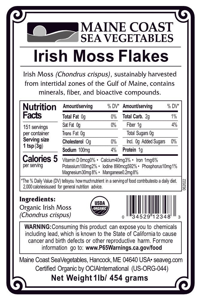 Organic Irish Moss Flakes Bulk (Chondrus crispus) - "Sea Moss" - Wild - Harvested Atlantic Sea Vegetable 1 LB - Maine Coast Sea Vegetables