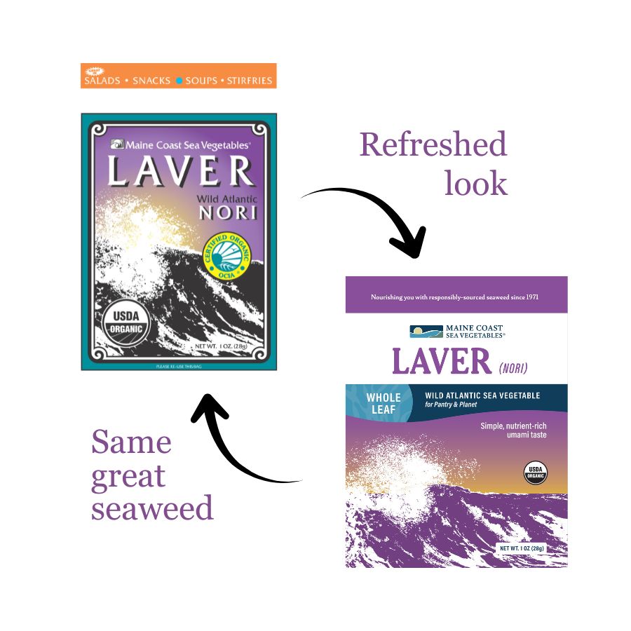 Comparison of Maine Coast Sea Vegetables Laver Nori seaweed new packaging with the old packaging