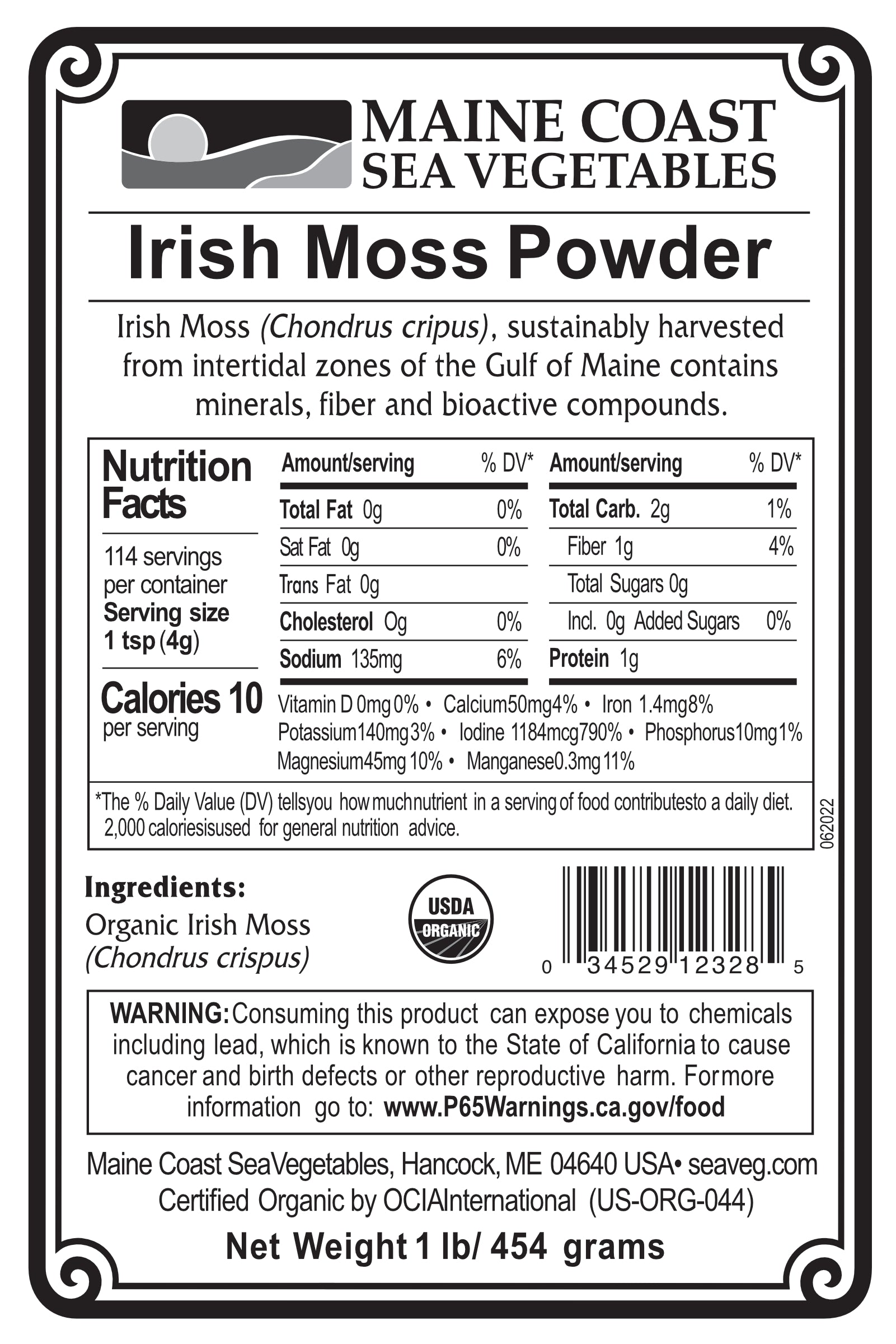 Organic Irish Moss Powder (Chondrus crispus) - "Sea Moss" - Wild-Harvested Atlantic Sea Vegetable 1 LB - Maine Coast Sea Vegetables