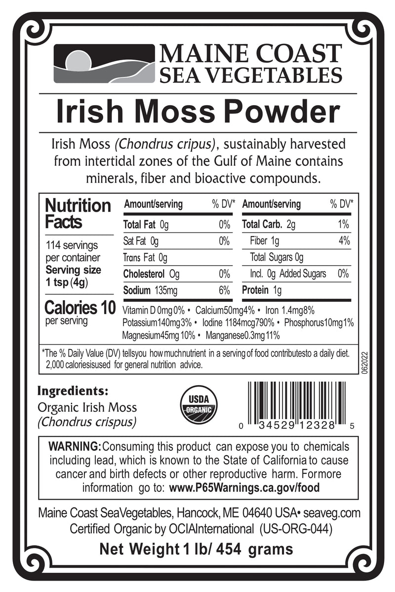 Organic Irish Moss Powder (Chondrus crispus) - "Sea Moss" - Wild-Harvested Atlantic Sea Vegetable 1 LB - Maine Coast Sea Vegetables
