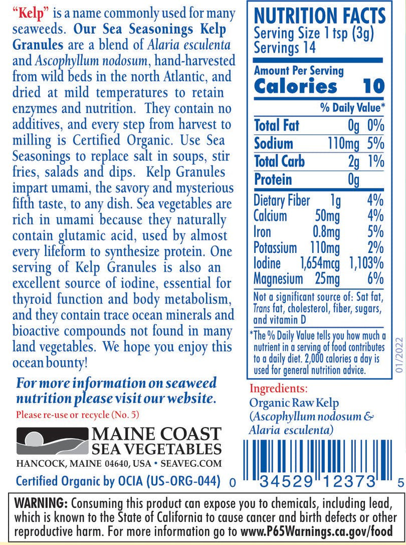 Organic Kelp Granules Blend 1.5 oz Shaker - Premium Blend of Wild-Harvested Kelps - Sea Seasoning - Maine Coast Sea Vegetables