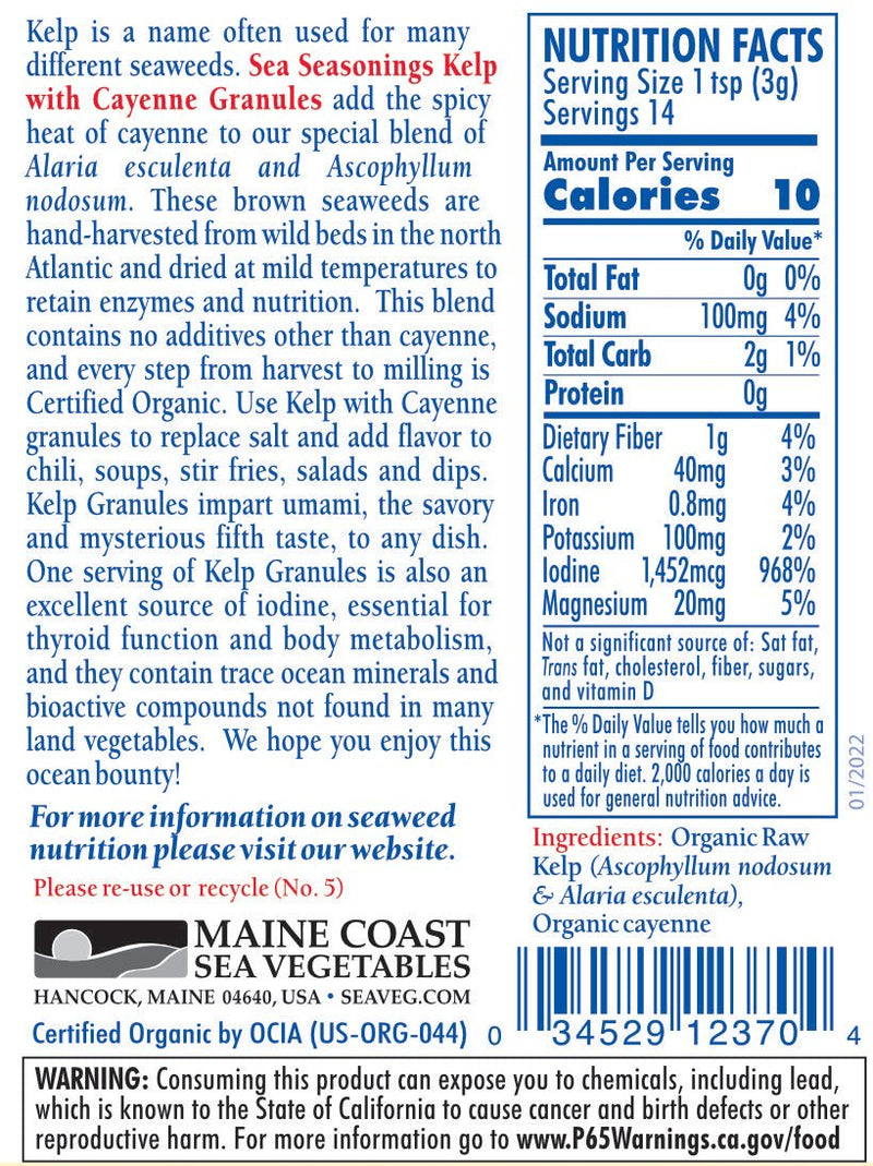 Organic Kelp Granules Blend with Cayenne Pepper 1.5 oz Shaker - Sea Seasoning - Maine Coast Sea Vegetables