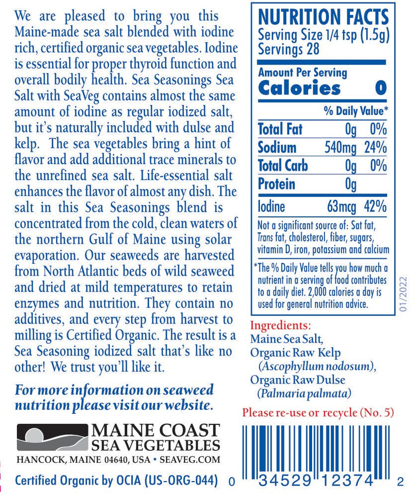 Sea Salt with Sea Veg 1.5 oz Shaker - Naturally-Iodized Sea Salt Blend with Wild-Harvested Dulse and Knotted Kelp - A Flavorful and Nutritious Sea Seasoning - Maine Coast Sea Vegetables